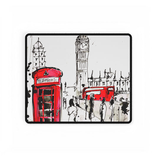 London Scene Desk Mat — Red Telephone Box & Bus Illustration Office Mouse Pad