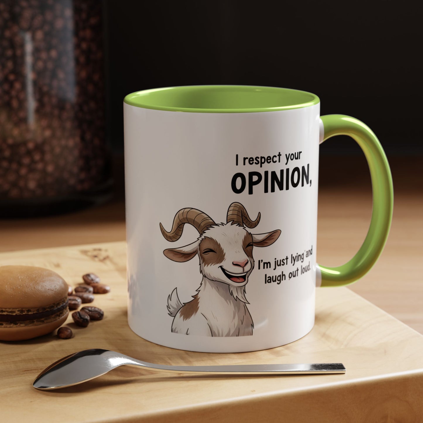 Funny Goat Coffee Mug – “I Respect Your Opinion, I’m Just Lying and Laugh Out Loud” Accent Mug
