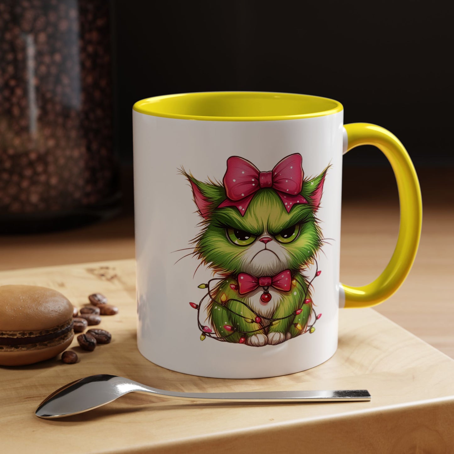 Christmas Grumpy Cat Accent Coffee Mug — Cute Green Kitty with Bow & Holiday Lights (11/15 oz)