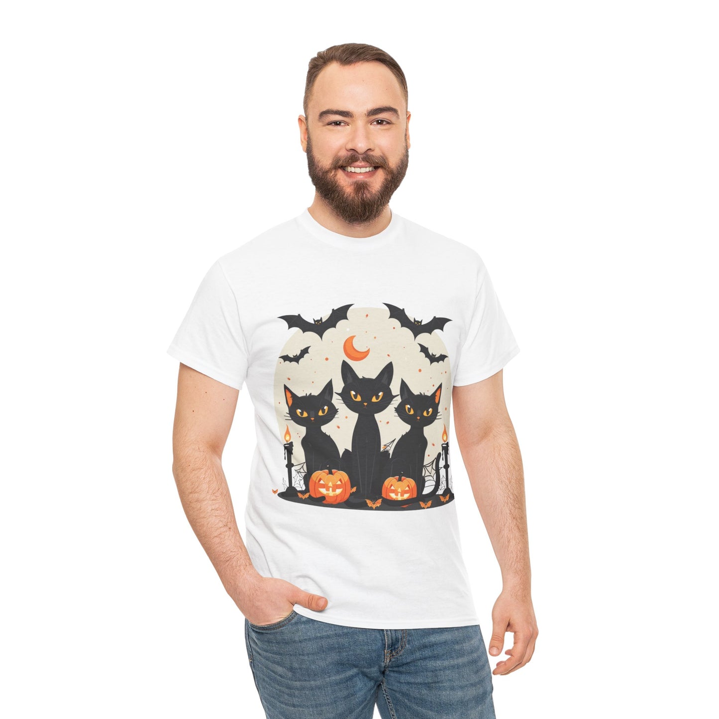 Halloween Black Cat T-Shirt – Cute Spooky Cats with Pumpkins & Bats Print
