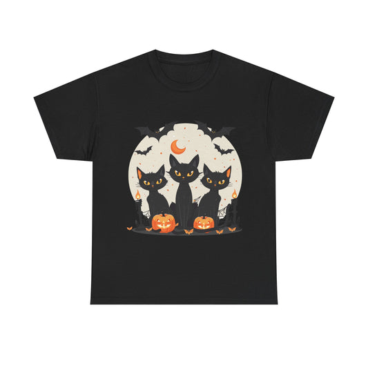 Halloween Black Cat T-Shirt – Cute Spooky Cats with Pumpkins & Bats Print