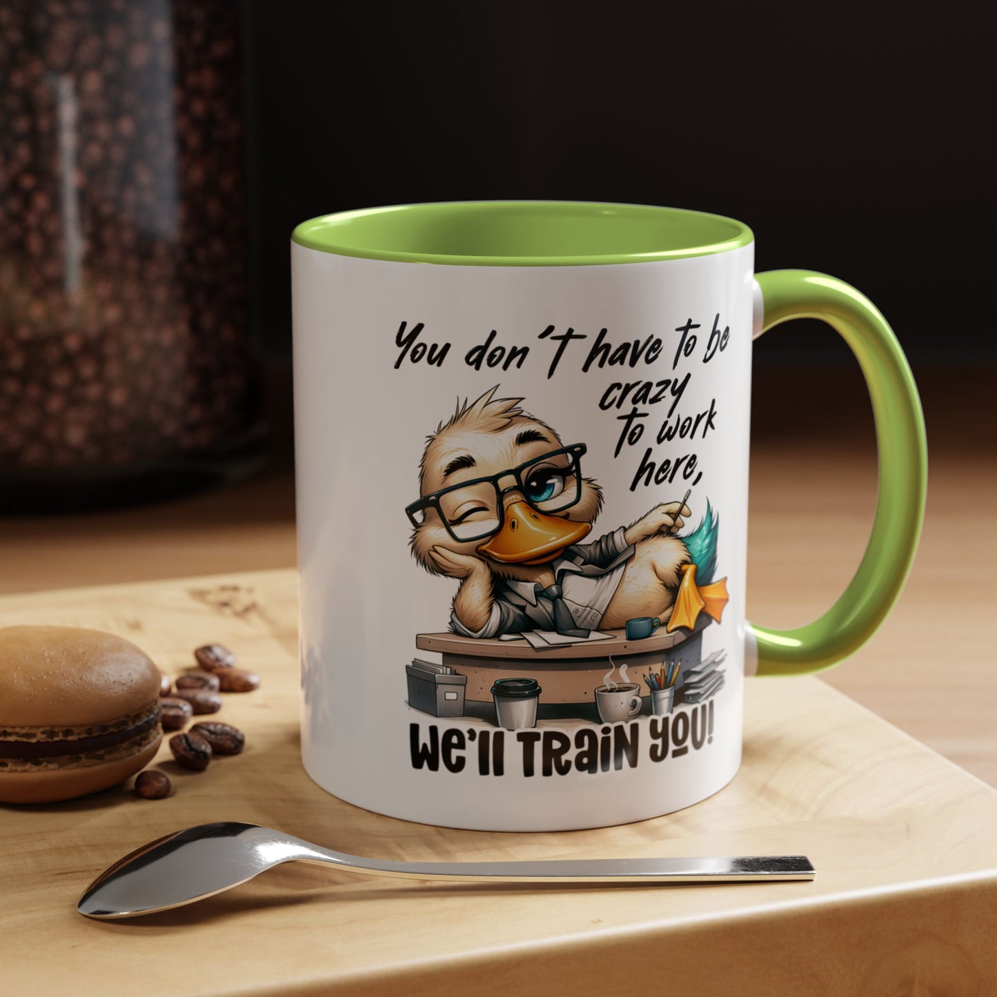 Funny Office Duck Mug – You Don’t Have to Be Crazy to Work Here, We’ll Train You – Humorous Work Gift for Coworkers, Boss & Employees