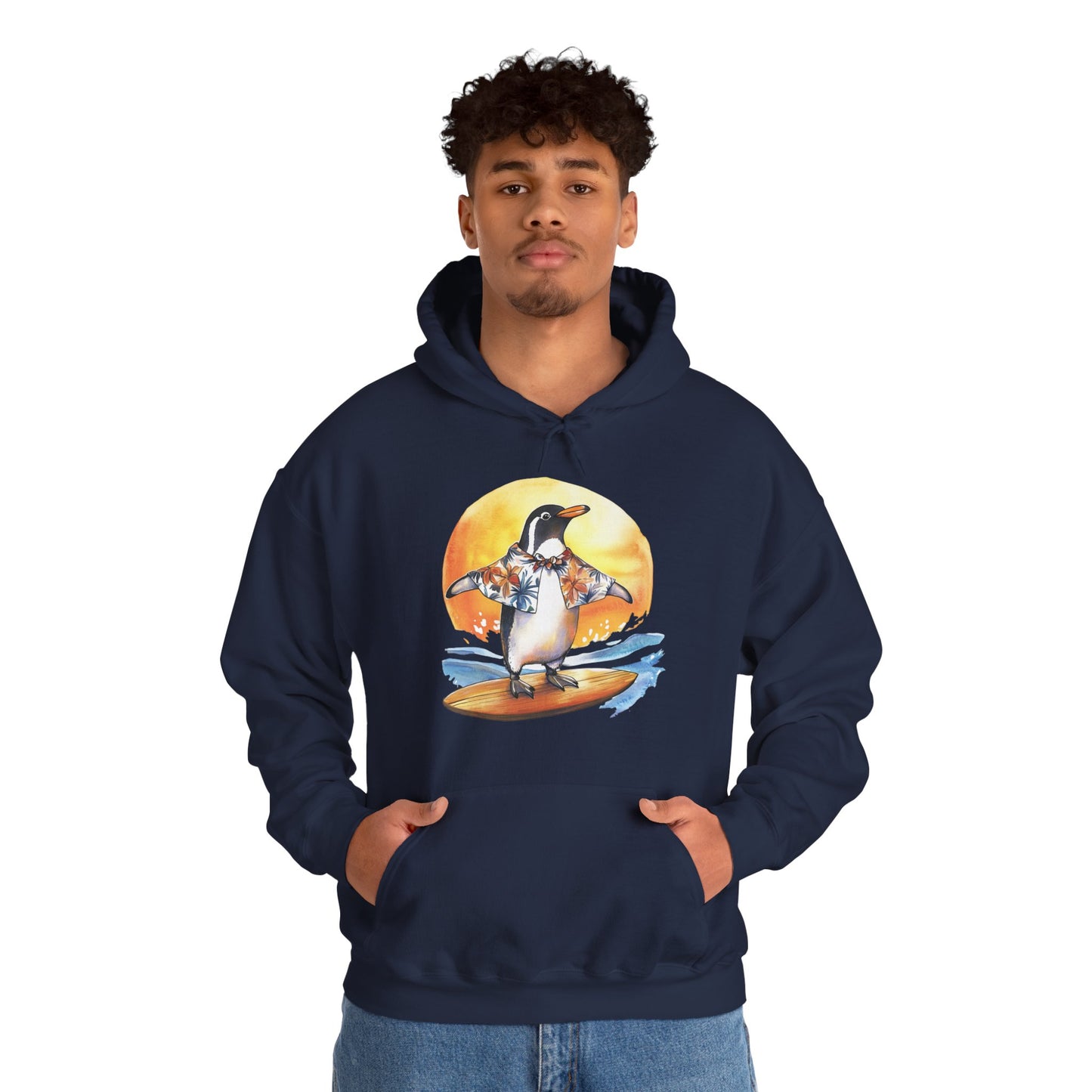 Surfing Penguin Hoodie — Cute Surfboard Penguin Sunset Pullover