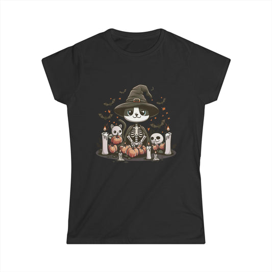 Halloween Witch Cat T-Shirt – Cute Skeleton Cat with Pumpkins & Candles