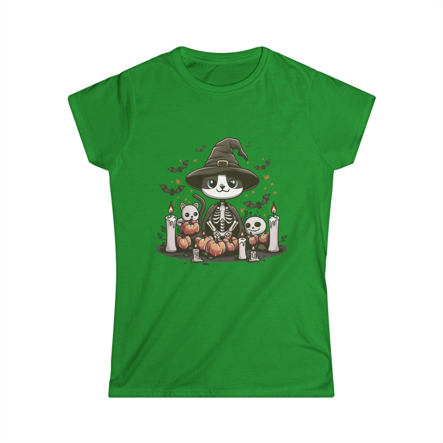 Halloween Witch Cat T-Shirt – Cute Skeleton Cat with Pumpkins & Candles