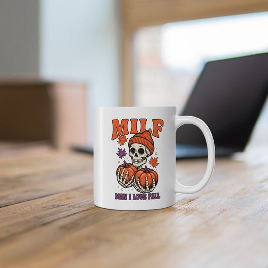 MILF Man I Love Fall Mug Funny Skeleton Pumpkin Autumn Coffee Cup