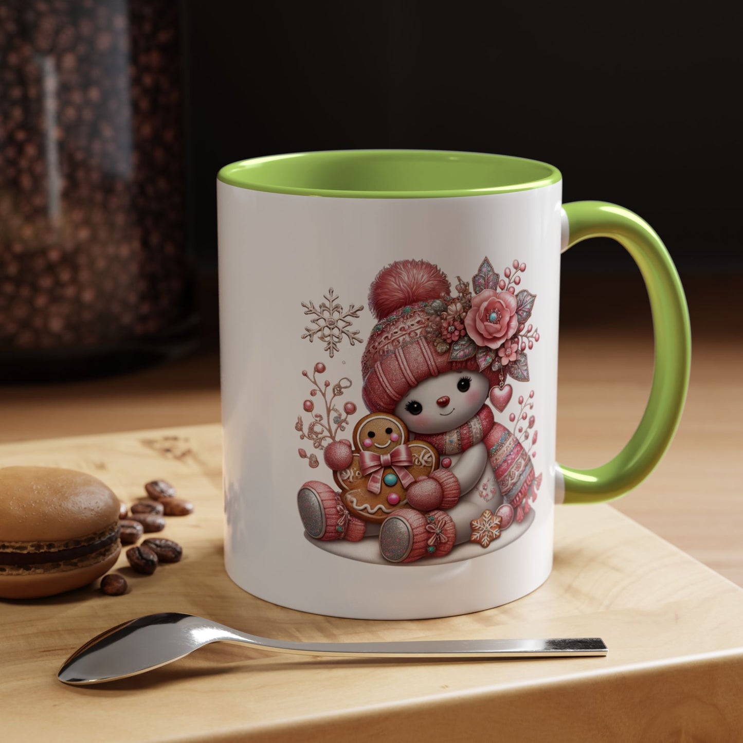 Cute Pink Snowman Coffee Mug — Holiday Winter Gingerbread Design (11/15oz)