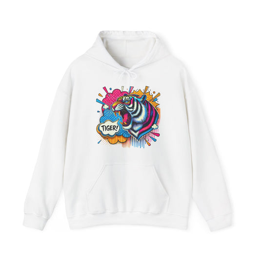 Colorful Pop Art Tiger Hoodie – "TIGER!" Graphic Pullover