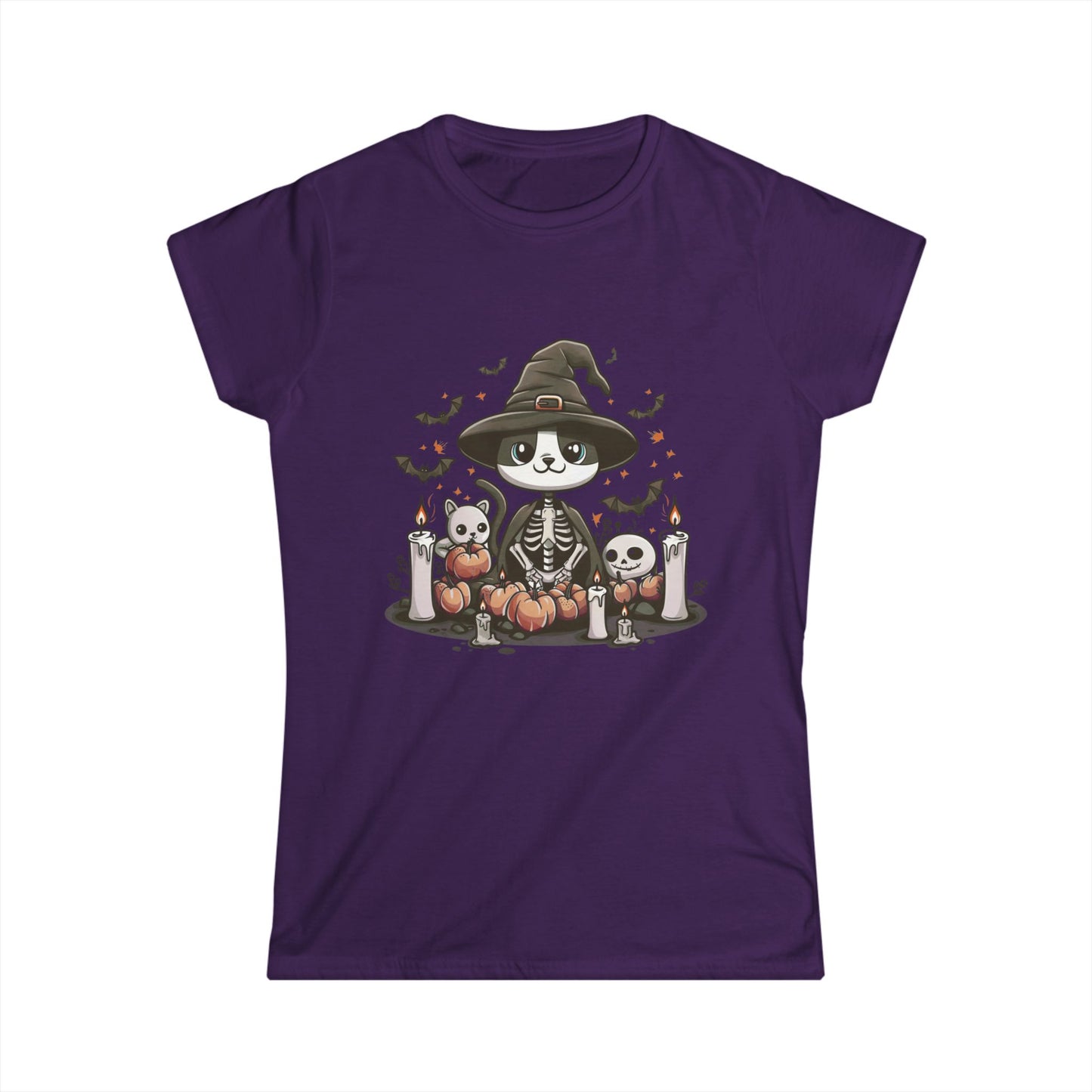 Halloween Witch Cat T-Shirt – Cute Skeleton Cat with Pumpkins & Candles