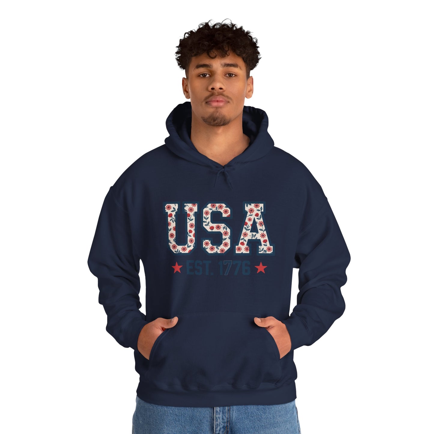 USA EST. 1776 Hoodie — Patriotic Floral American Heritage Sweatshirt