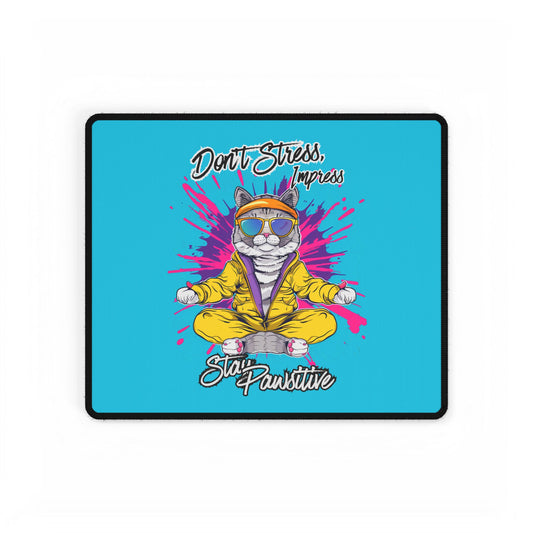 Desk Mat — "Don’t Stress, Meowt" Meditating Cat Large Gaming/Office Mouse Pad