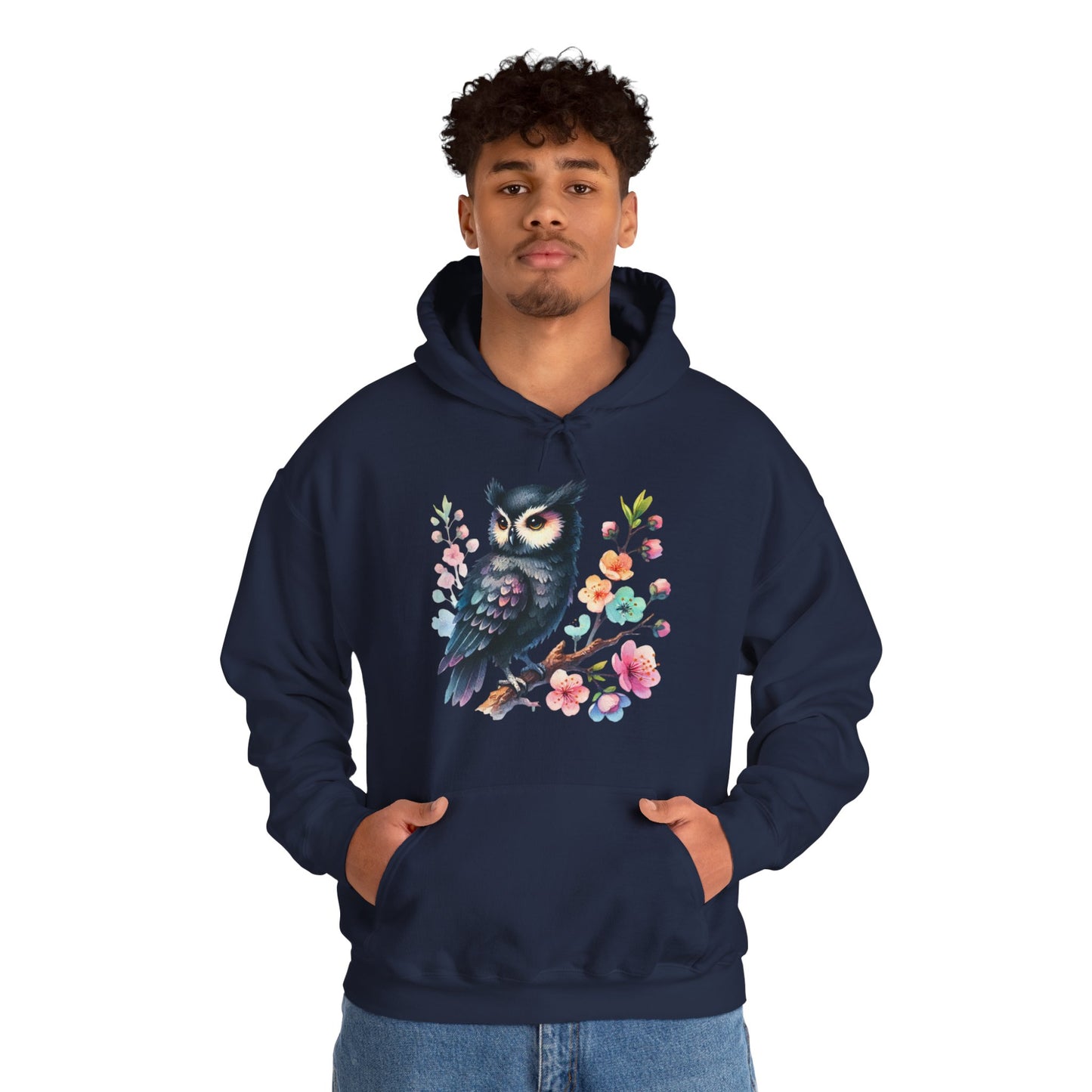 Floral Night Owl Hoodie – Watercolor Owl & Blossom Pullover