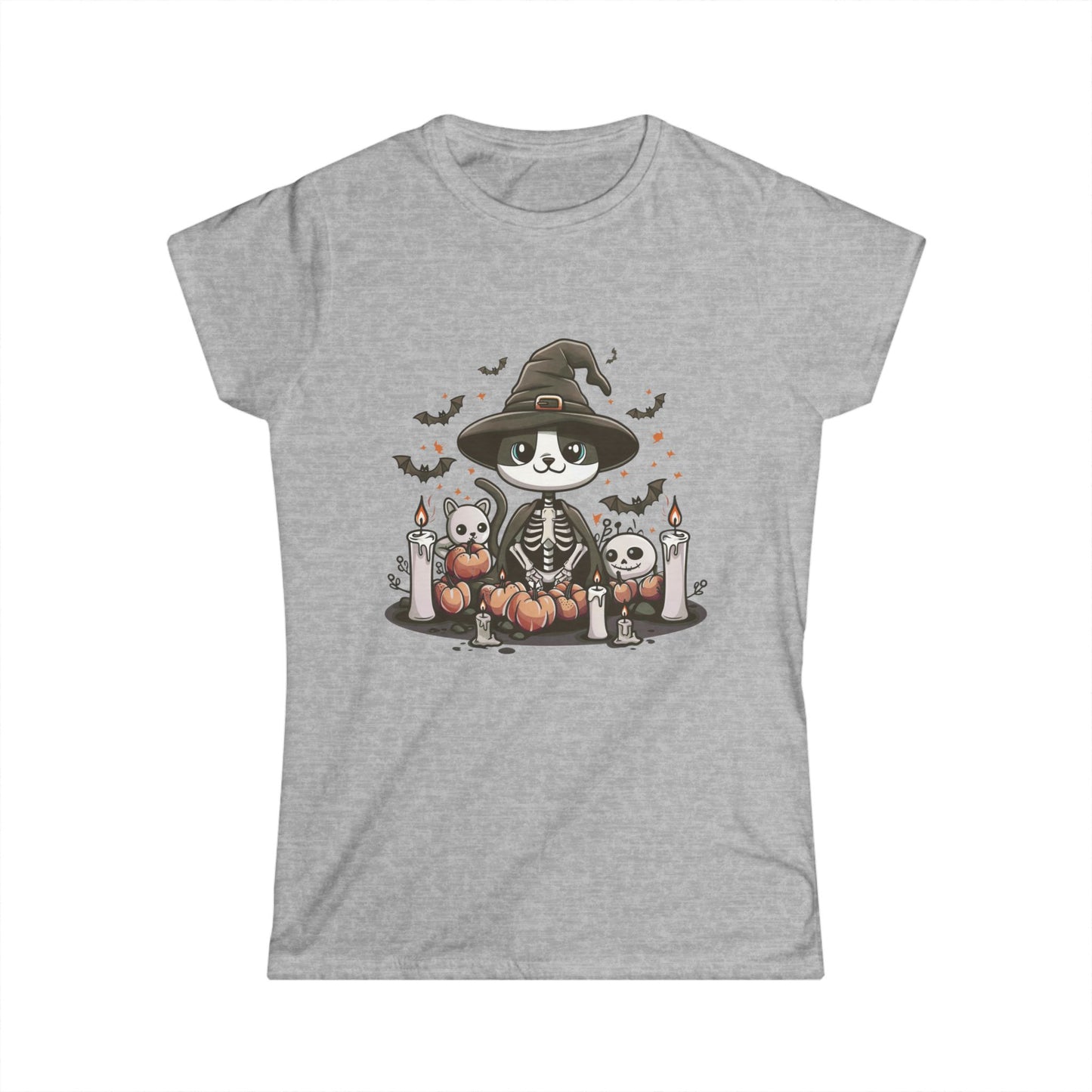 Halloween Witch Cat T-Shirt – Cute Skeleton Cat with Pumpkins & Candles