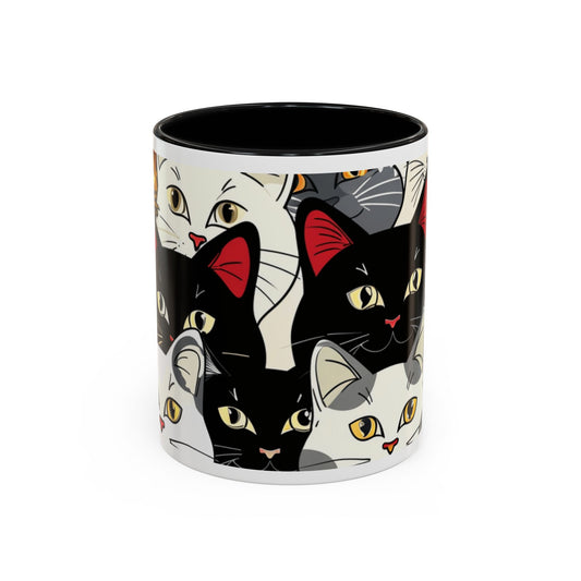 Cat Pattern Accent Coffee Mug – Cute Black & White Cat Faces (11/15 oz)