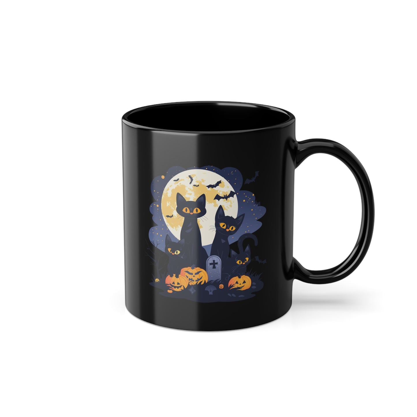 Halloween Black Cat Mug – Spooky Cats with Pumpkins & Full Moon Design