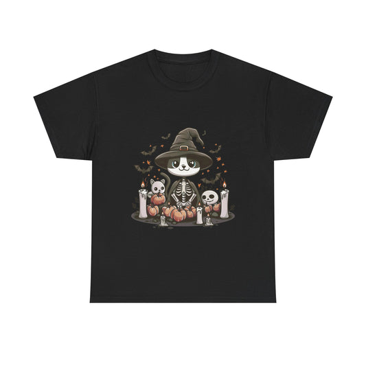 Halloween Witch Cat T-Shirt – Cute Skeleton Cat with Pumpkins & Candles