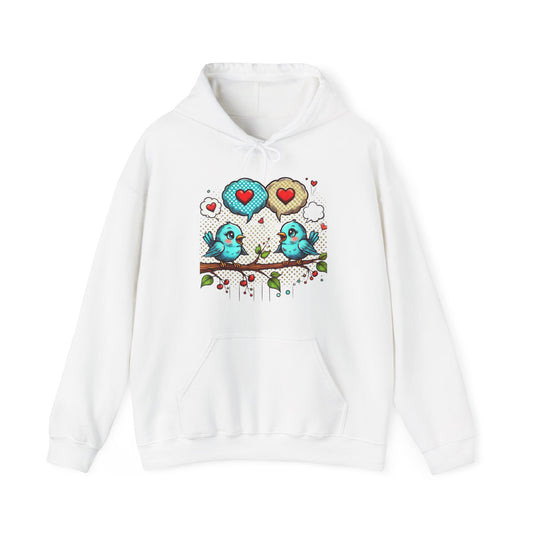 Birds on a Branch Hoodie — Cute Blue Lovebirds with Heart Speech Bubbles