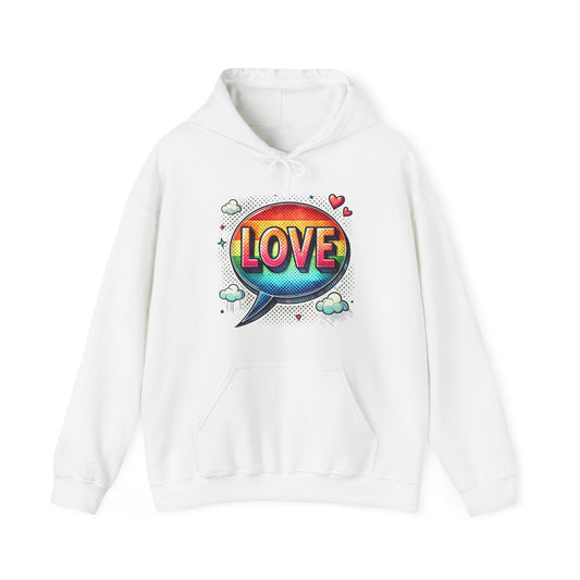 Love Speech Bubble Hoodie — Retro Rainbow Graphic Pullover