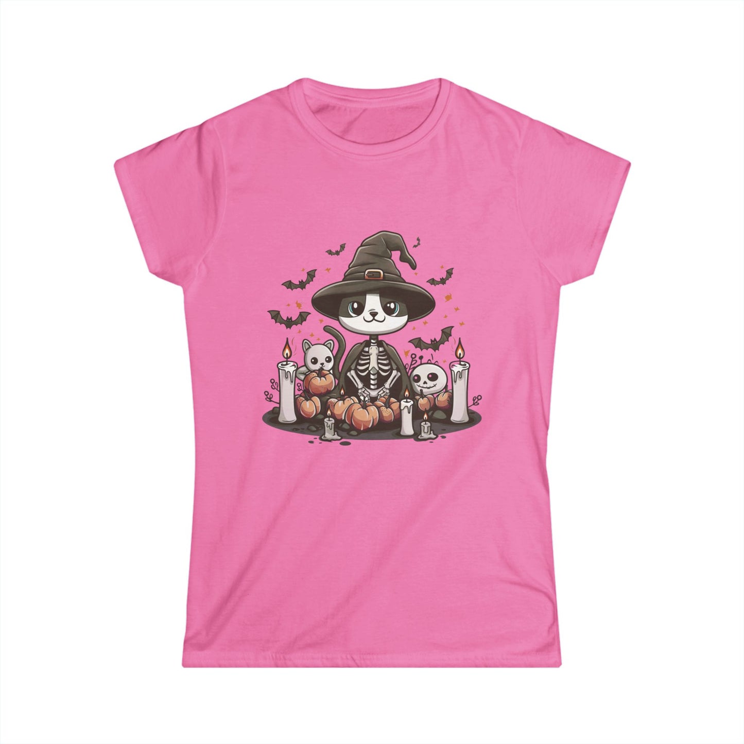 Halloween Witch Cat T-Shirt – Cute Skeleton Cat with Pumpkins & Candles