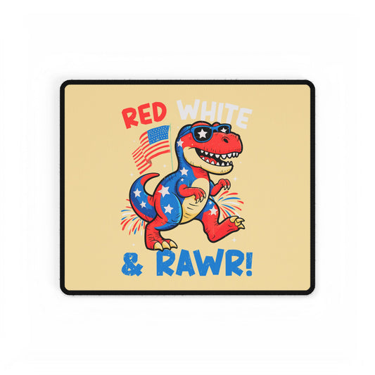 Patriotic 'Red White & RAWR!' Dino Desk Mat — 4th of July Gaming/Office Mouse Pad
