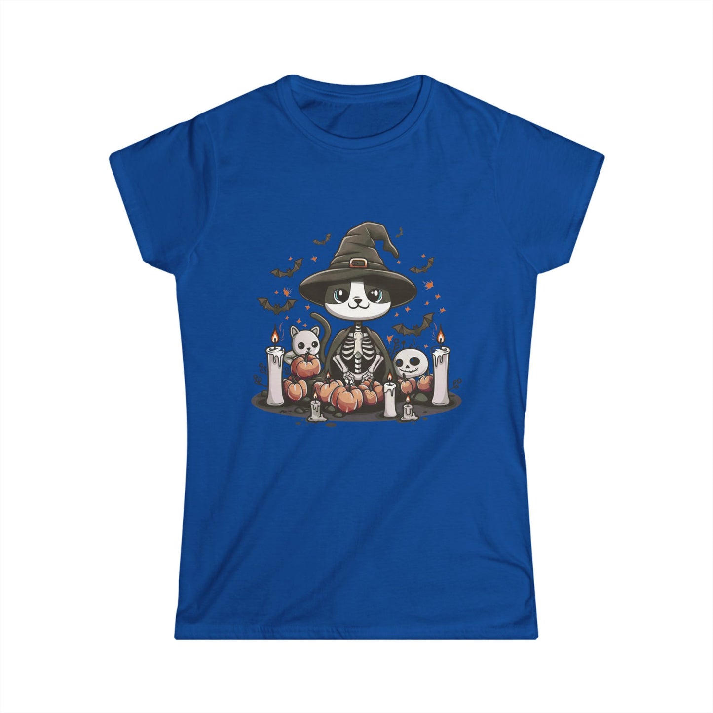 Halloween Witch Cat T-Shirt – Cute Skeleton Cat with Pumpkins & Candles