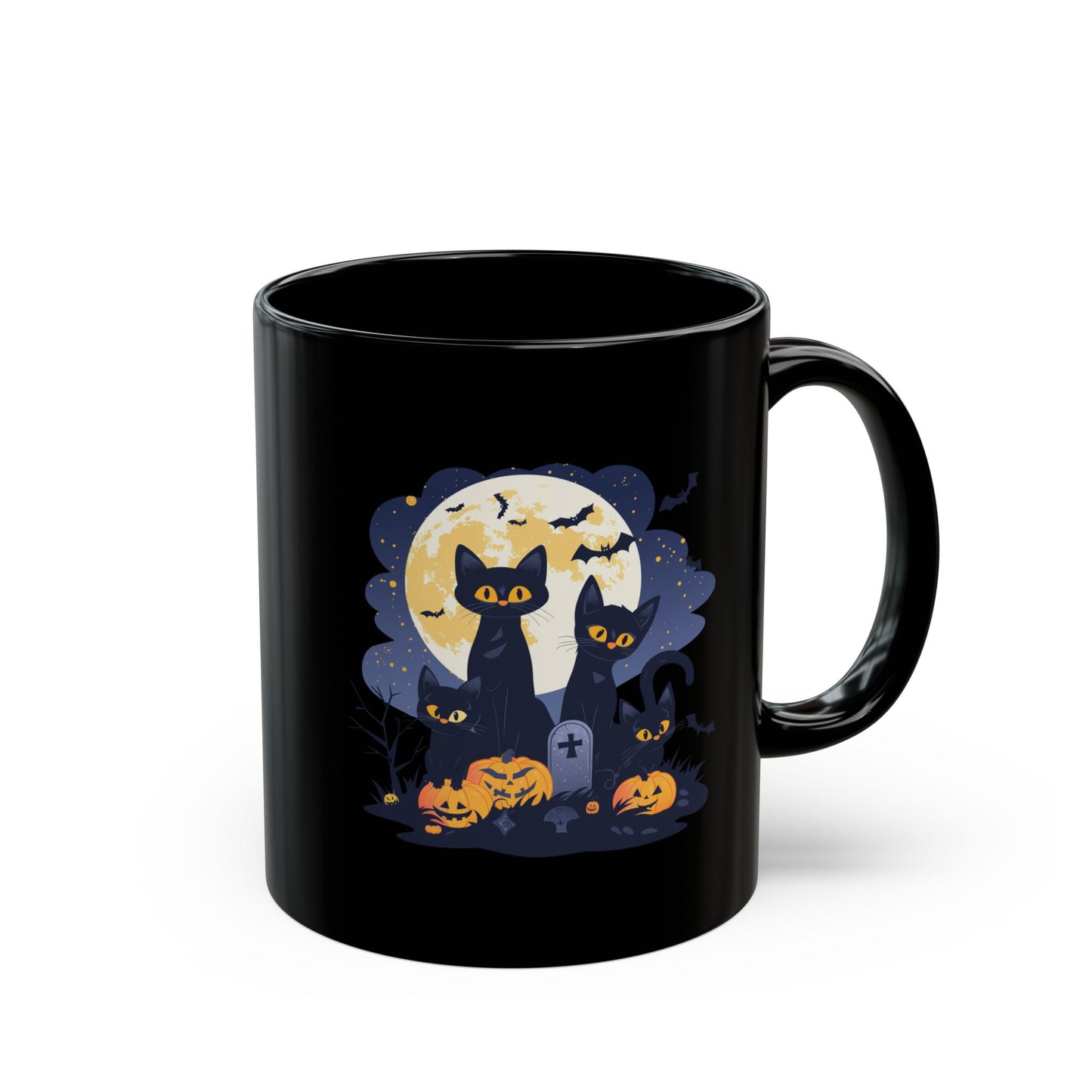 Halloween Black Cat Mug – Spooky Cats with Pumpkins & Full Moon Design