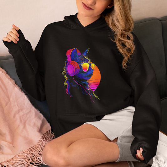 Retro Neon Cat DJ Unisex Hoodie