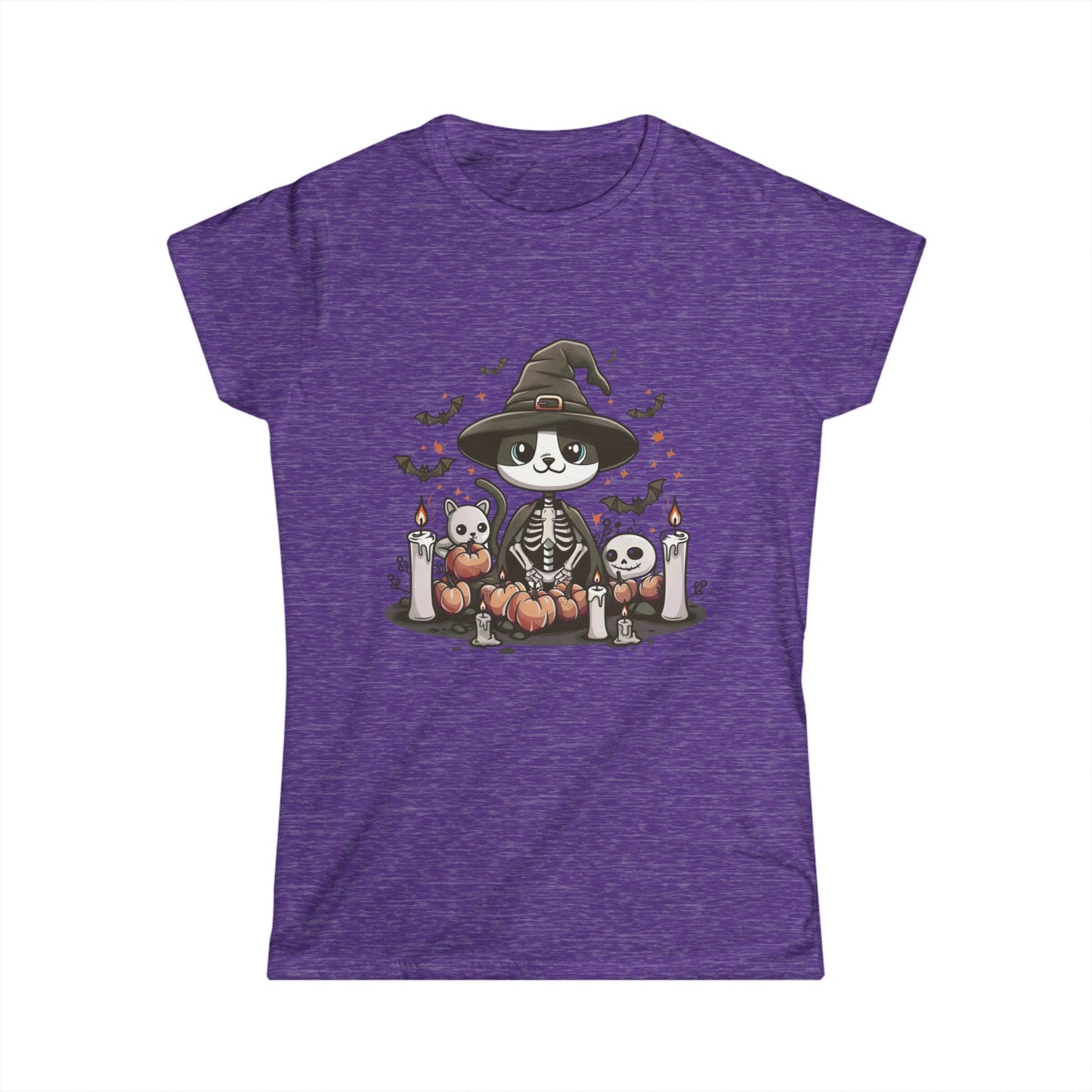 Halloween Witch Cat T-Shirt – Cute Skeleton Cat with Pumpkins & Candles