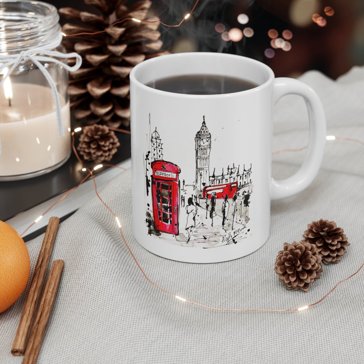London Art Mug Big Ben Red Bus Red Phone Booth Illustration