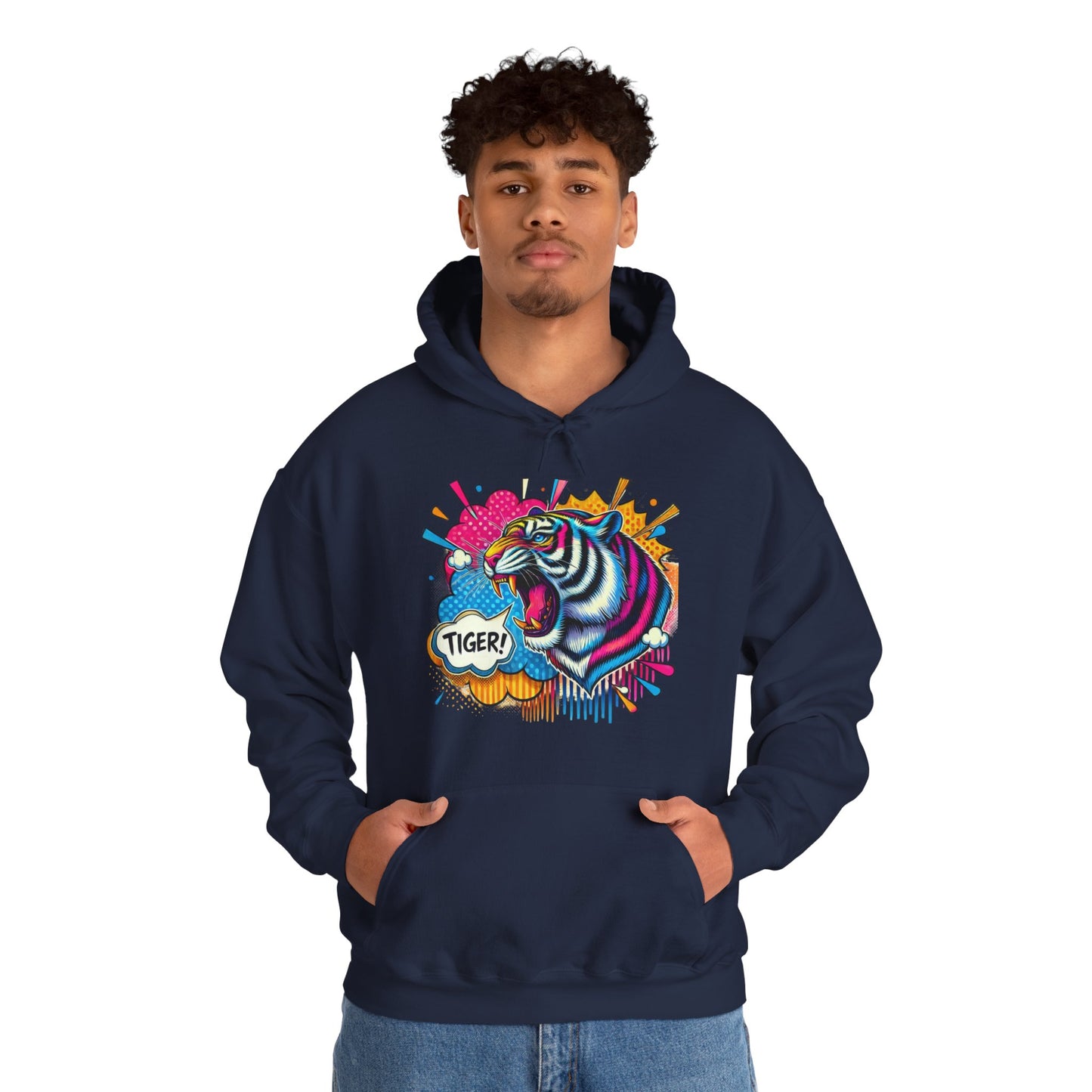 Colorful Pop Art Tiger Hoodie – "TIGER!" Graphic Pullover
