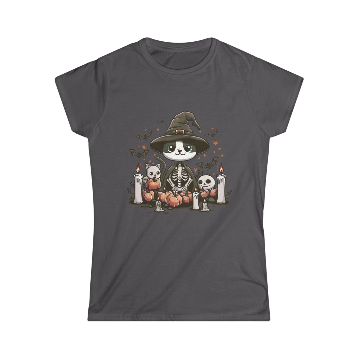 Halloween Witch Cat T-Shirt – Cute Skeleton Cat with Pumpkins & Candles