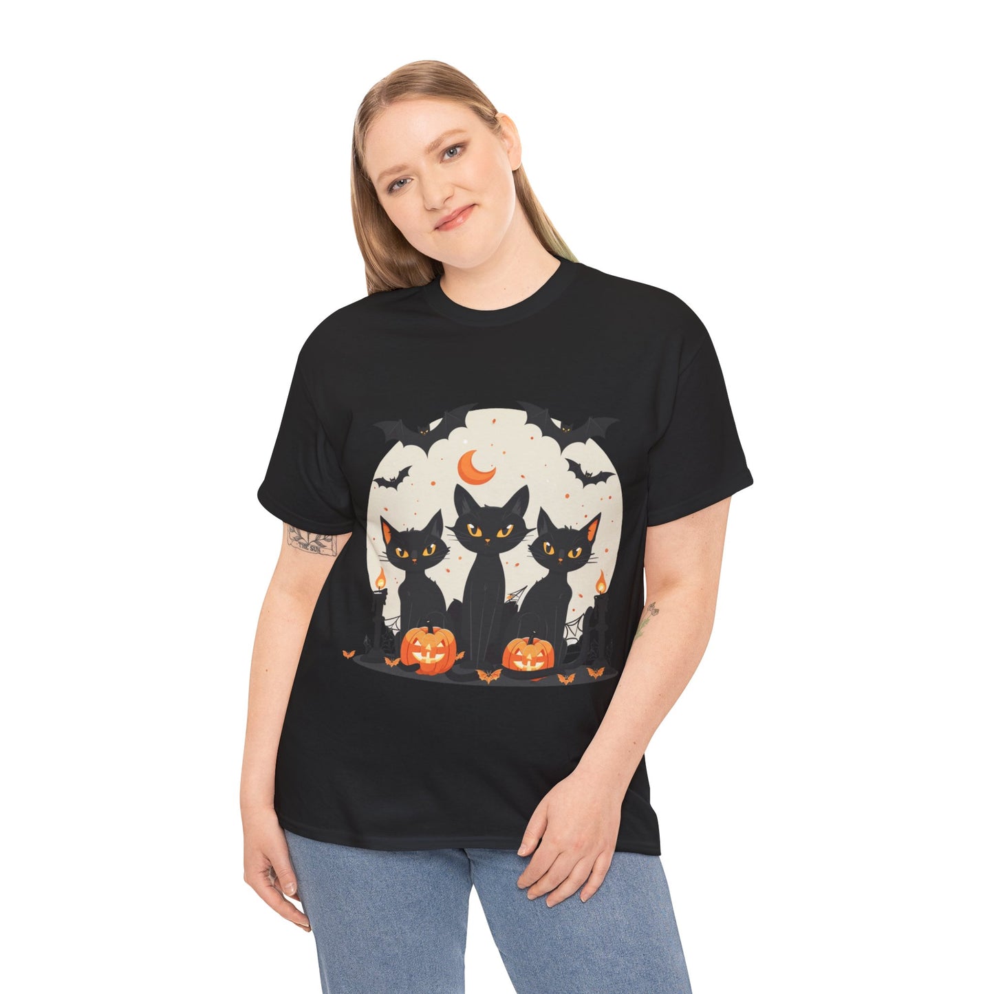 Halloween Black Cat T-Shirt – Cute Spooky Cats with Pumpkins & Bats Print
