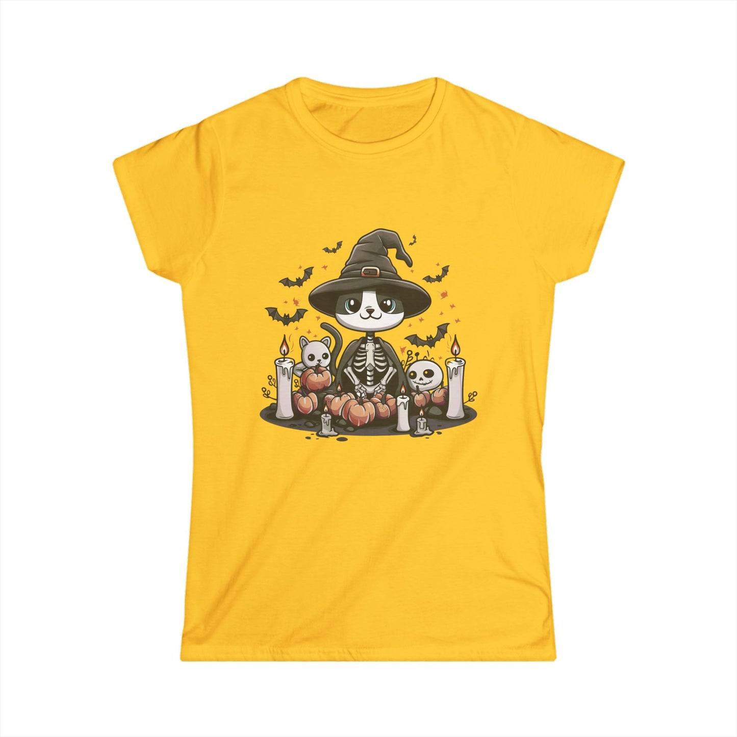 Halloween Witch Cat T-Shirt – Cute Skeleton Cat with Pumpkins & Candles