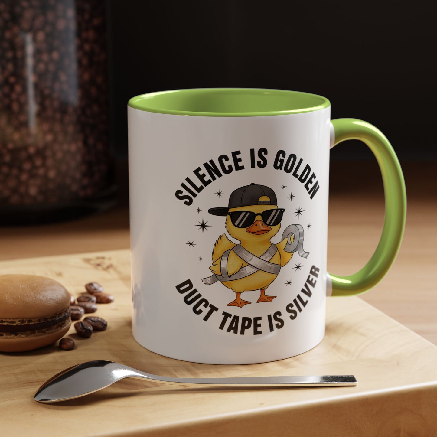 Accent Mug — "Silence is Golden, Duct Tape is Silver" Cute Duck Coffee Cup