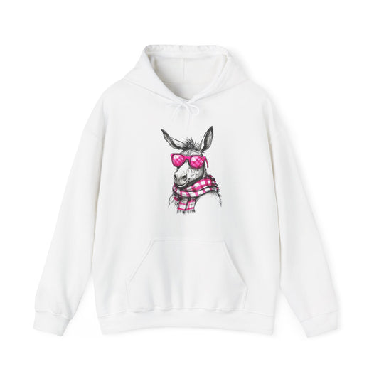 Cool Donkey Hoodie with Pink Glasses & Plaid Scarf — Cute Animal Graphic Sweatshirt