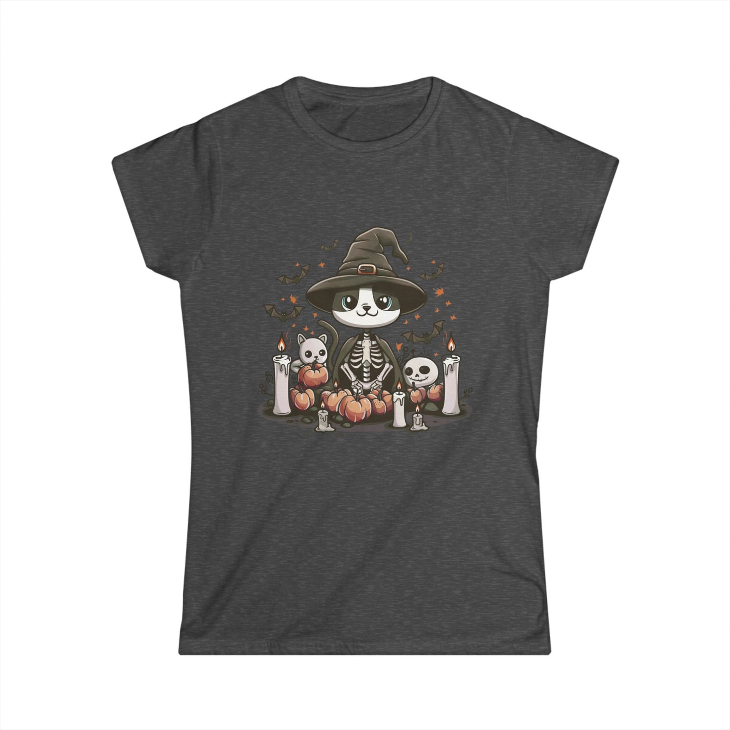 Halloween Witch Cat T-Shirt – Cute Skeleton Cat with Pumpkins & Candles