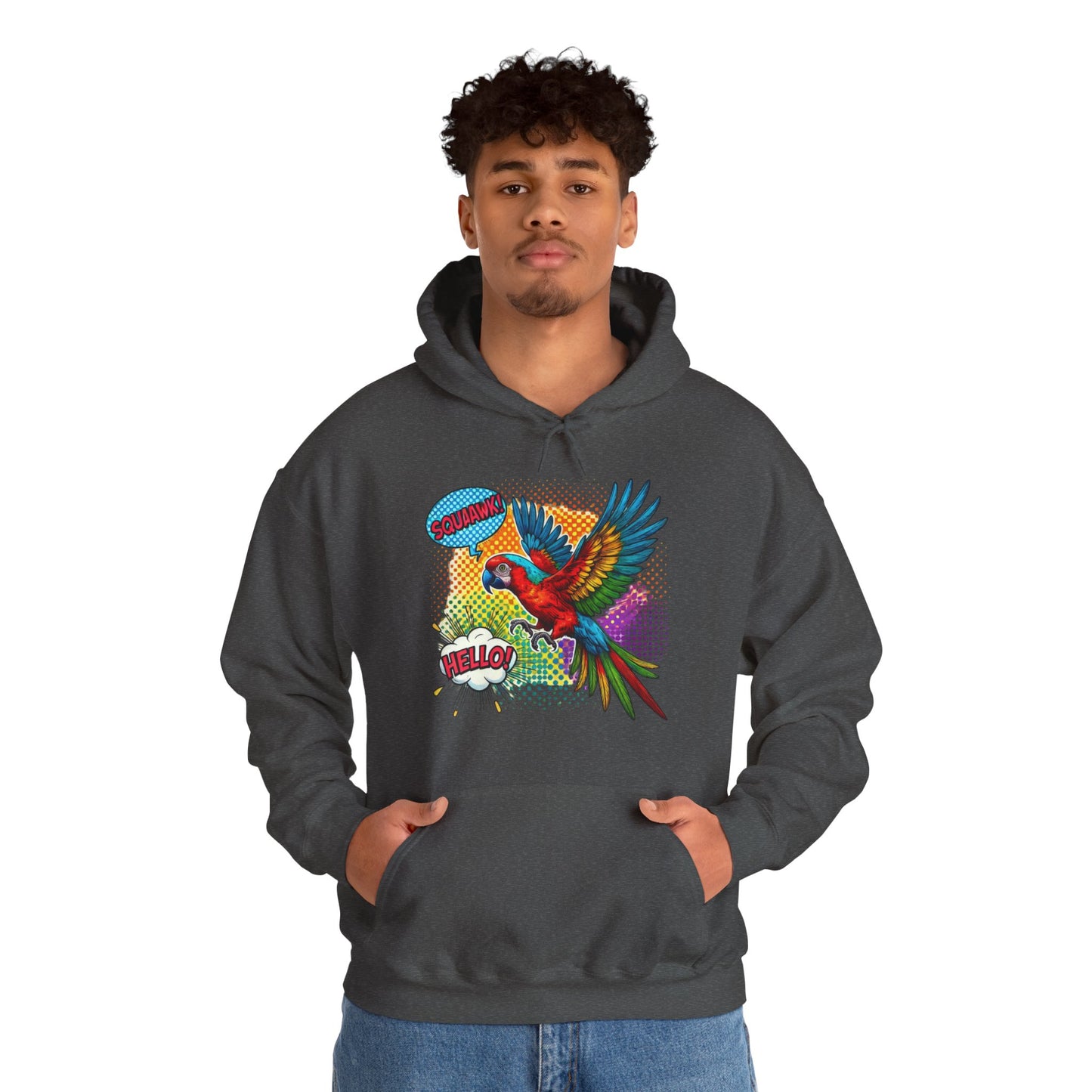 Parrot Pop Art Hoodie — Colorful Macaw 'Hello' Graphic Pullover