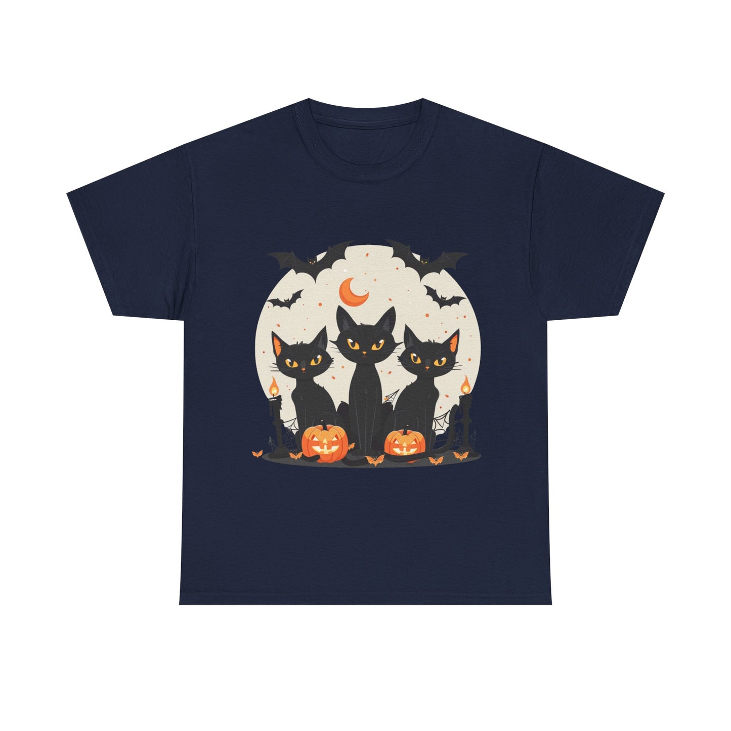 Halloween Black Cat T-Shirt – Cute Spooky Cats with Pumpkins & Bats Print