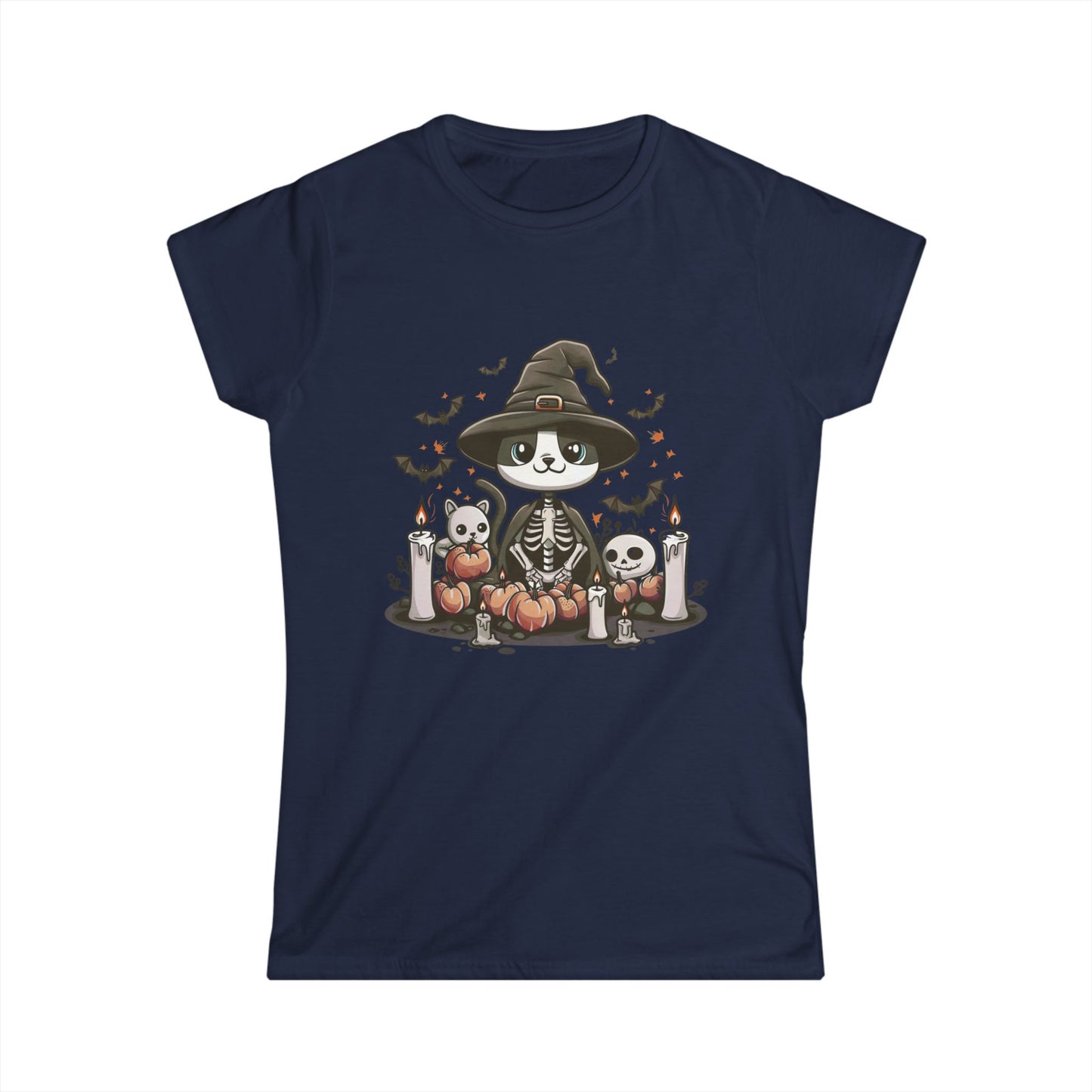 Halloween Witch Cat T-Shirt – Cute Skeleton Cat with Pumpkins & Candles