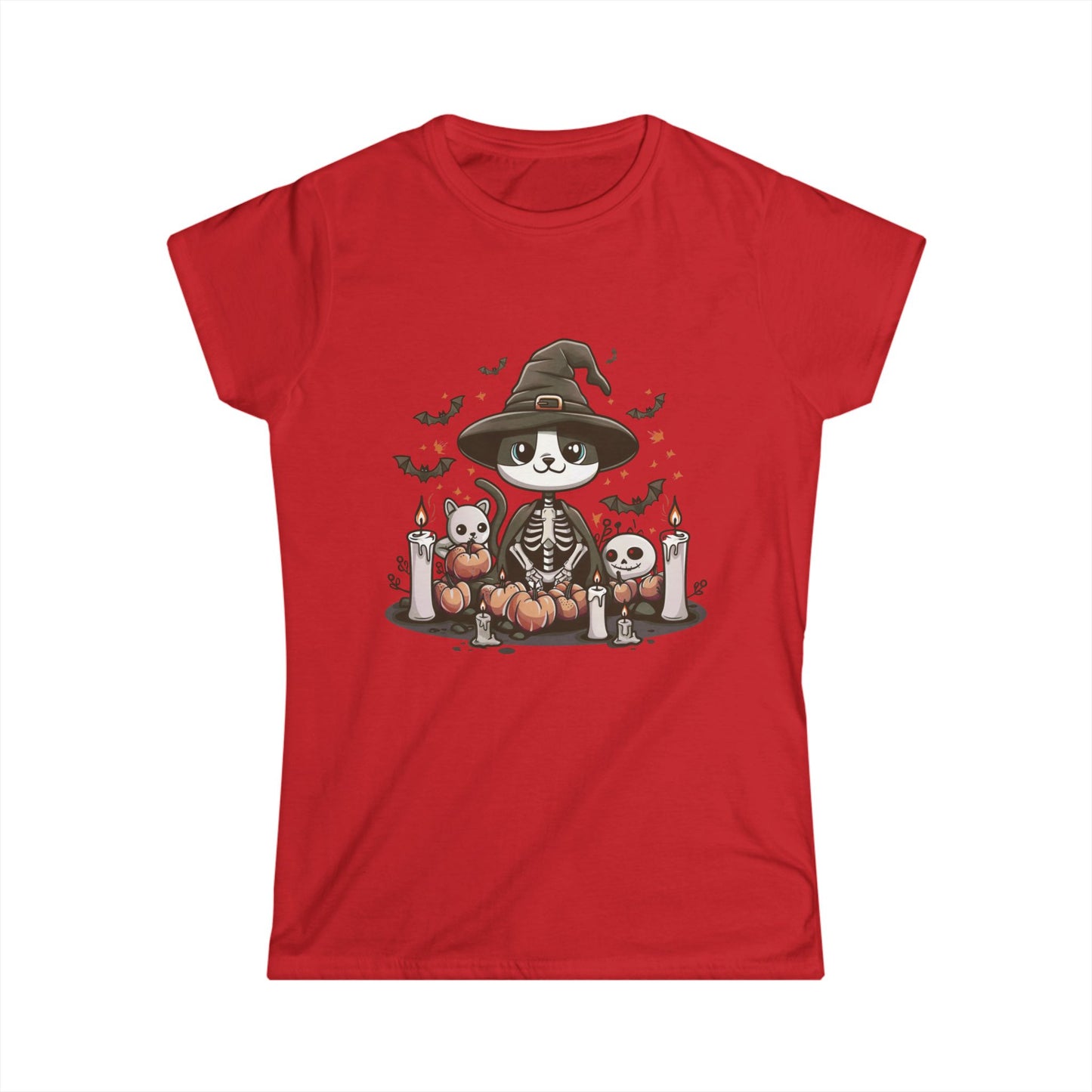 Halloween Witch Cat T-Shirt – Cute Skeleton Cat with Pumpkins & Candles