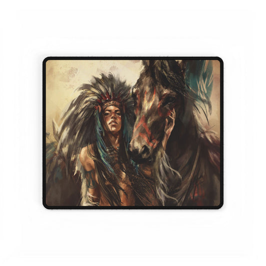Native Spirit Horse Desk Mat — Bohemian Native American Warrior & Horse Gaming/Work Desk Pad