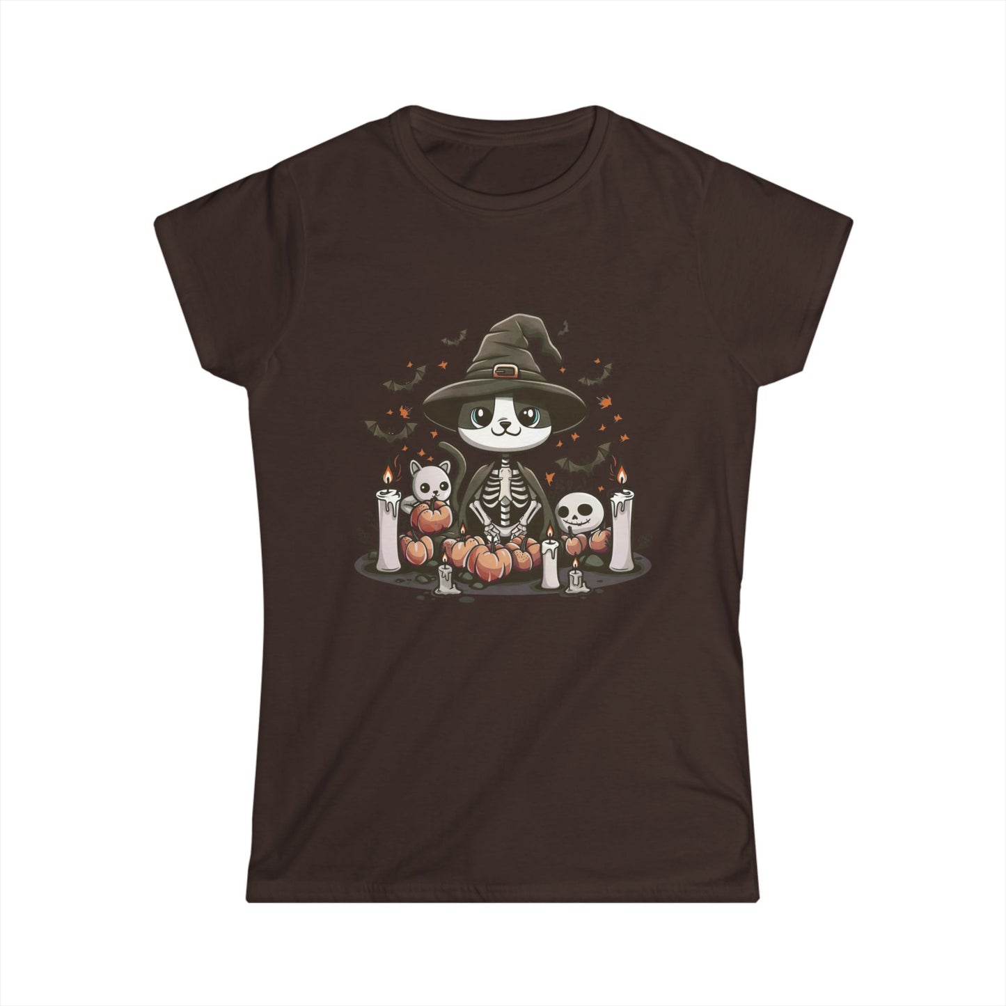 Halloween Witch Cat T-Shirt – Cute Skeleton Cat with Pumpkins & Candles