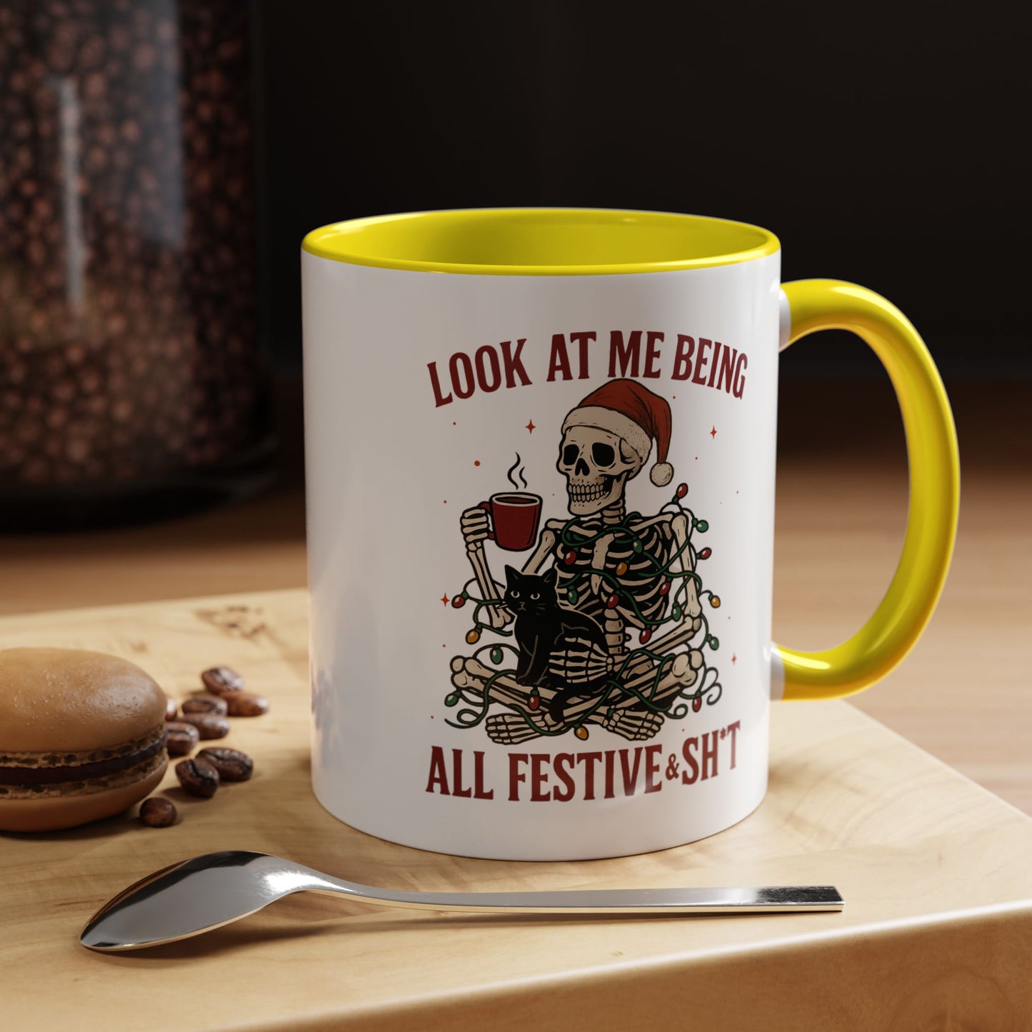 Funny Festive Skeleton Christmas Mug – Holiday Coffee Cup with Cat – Look at Me Being All Festive