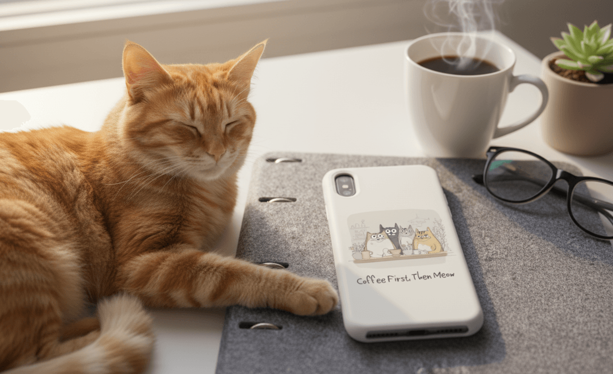 A cat resting beside a Meowly phone case and a mug of coffee