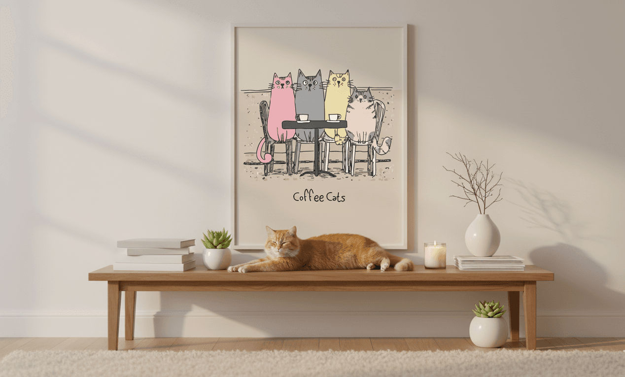 A framed custom cat portrait hanging above a bench
