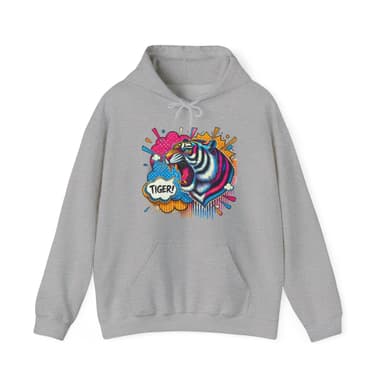 Colorful Pop Art Tiger Hoodie – "TIGER!" Graphic Pullover