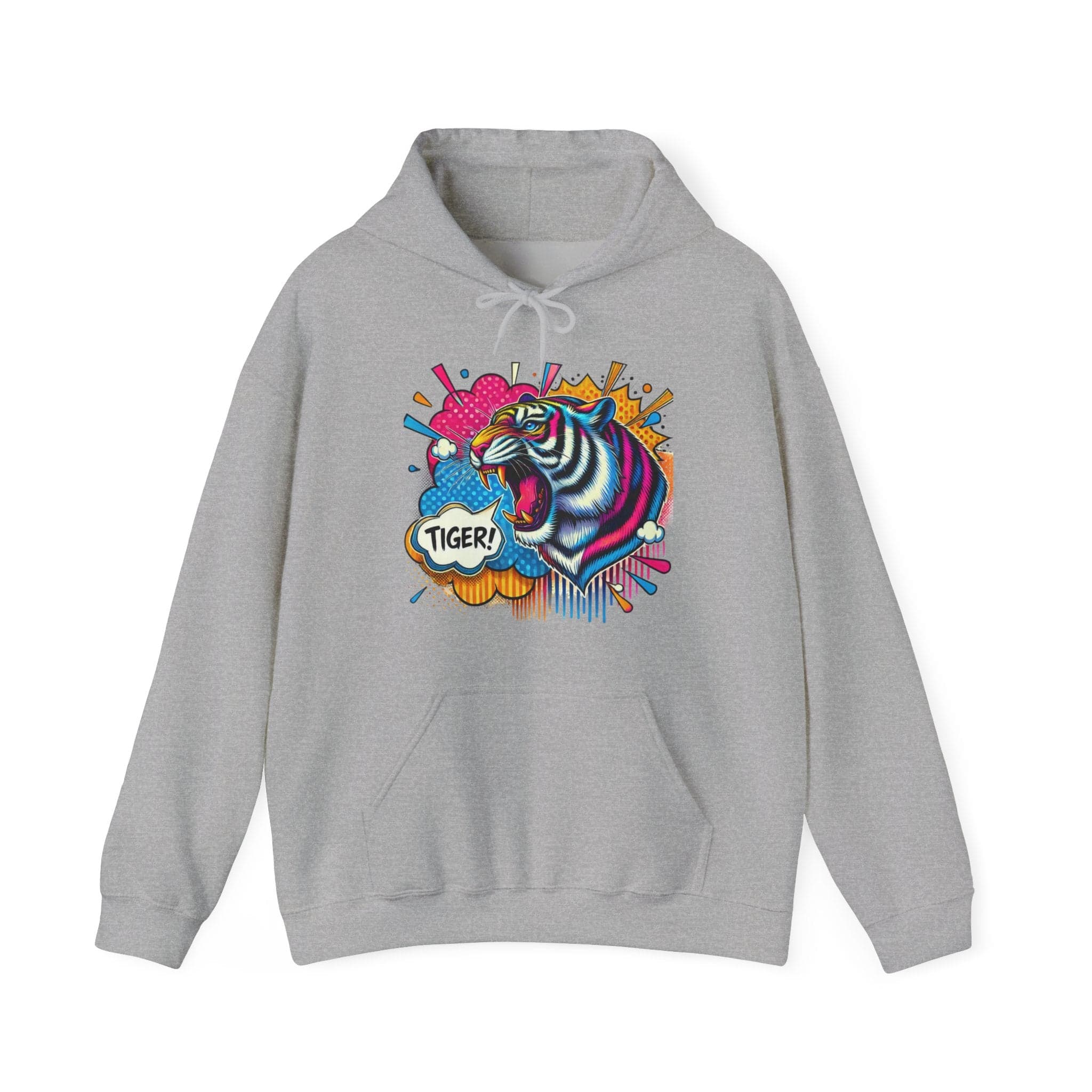 Colorful Pop Art Tiger Hoodie – "TIGER!" Graphic Pullover