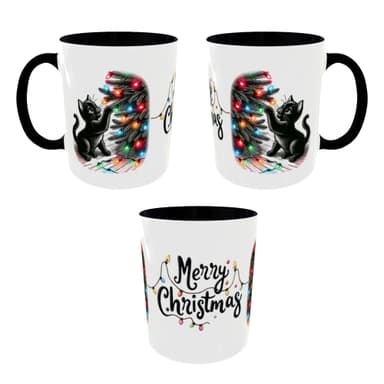 Merry Christmas Cat Mug – Cute Black Cat with Christmas Lights – Holiday Coffee Cup Gift for Cat Lovers