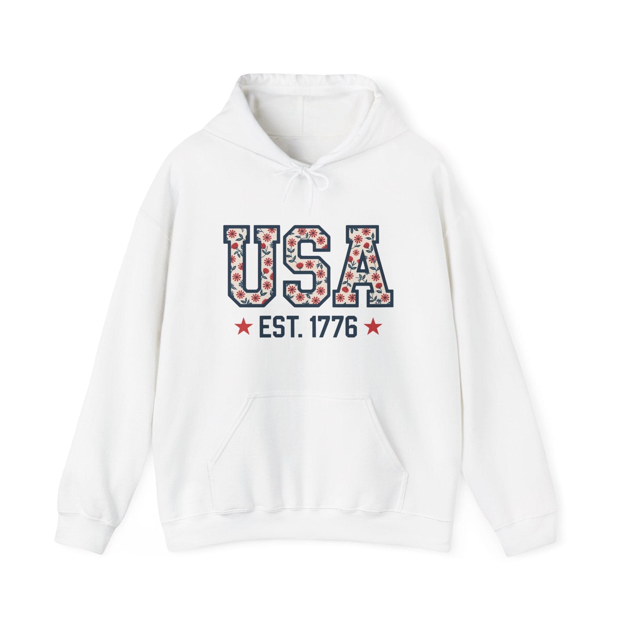 USA EST. 1776 Hoodie — Patriotic Floral American Heritage Sweatshirt