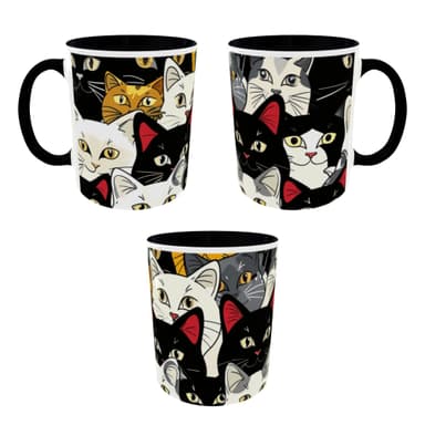 Cat Pattern Accent Coffee Mug – Cute Black & White Cat Faces (11/15 oz)